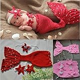 ハンドメイド 撮影写真 ベビー 幼児 編む パール飾り 人魚姫 カチューシャ+ブラ+スカート レッド*0-6ヶ月に合う 【1点】