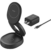 【Amazon.co.jp限定】Belkin 2 in 1 ワイヤレス MagSafe対応 iPhone17,16~12 Qi2対応スマートフォン(最大15W) AirPods対応/ワイヤレス イヤホン スタンバイモード 折り畳み式 USB-Cケーブ