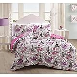 Paris Love Girls Teen Ruched Full Comforter Shams,and BONUS Toss Pillow 4 piece Bedding Set [並行輸入品]