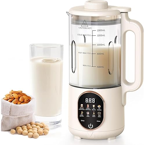 1500ml Automatic Nut Milk Maker 20 Blades for Almond Oat Soy 10 in 1 Milk Plant Based Milks Chowder Juice with Delay Start Bo