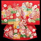 お宮参り着物　女の子　正絹女児初着　赤色　金コマ刺繍使い　捻り八重菊　サヤ地紋生地　日本製