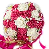 【F-grip】 ウェディング ブーケ アートフラワー バラ プレゼント 母の日 (ホワイト・ショッキングピンク)