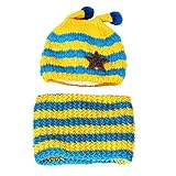 YUANSHOP1 かわいい ニット帽 マフラー セット ニット帽子 キャップ ベビー キッズ 赤ちゃん 子 子供 用 ミツバチ + 五角の星形 防寒 防風 お出かけ お散歩に 多色 (ブルー+イエロ