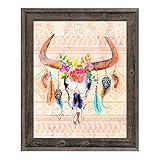 ブルスカル – トライバルタン: Cow Skull with Roses & Feathers on Indian Blanket壁アートプリント 20x24 BOH0000009FRA20X24B