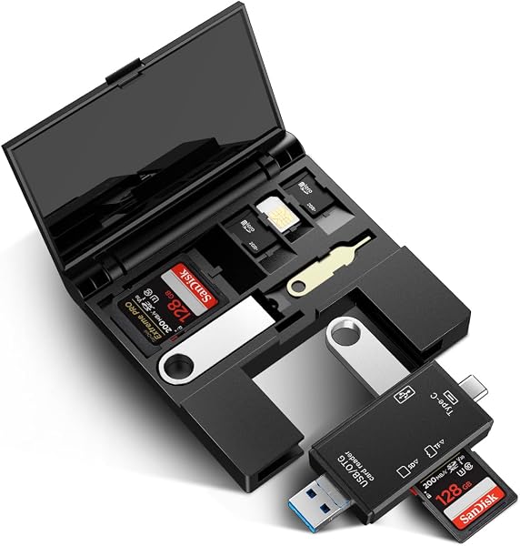 OOOUSE USB-C 4-in-1 SD Card Reader, Storage Box Type, USB 3.0/Type-C/USB-C/Micro USB 3-in-1 Port, Multi-functional, High Speed Transfer, Compatible with Smartphones/iPhone 15/16/17/Mac/Win PCs, SDXC - 1