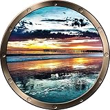 12 "舷窓出荷ウィンドウOcean Sea View ocean pier sunset # 1 Pewter壁デカール子供ステッカーベビールームホームアート飾りden man caveグラフィック