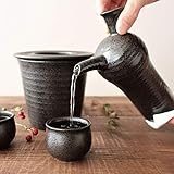 酒器セット プレゼント 専用箱入り おしゃれ 冷酒 熱燗 徳利 ぐい呑み 蓋付き酒燗器 保温器 とっくり 温燗 おちょこ お猪口 日本酒 1.6合 日本製 美濃焼 ブラック 黒