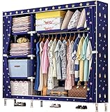 SUOERNUO カーテン式ワードローブ 　オックスフォードカバー付き　幅128*奥行き46*高168cm　極太25mmスチールボール　耐荷重抜群　 大容量衣類収納 目隠し 防塵　クローゼット (ネイビー, 2列6段)