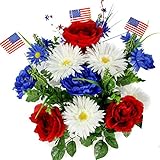 Admired By Nature 18 Stems Artificial Blooming Peony, Gerbera Daisy with Small American Flags, Fille