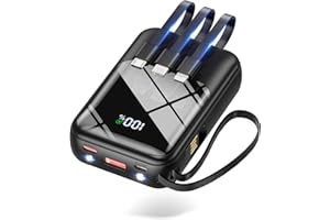 【Amazon.co.jp限定】 モバイルバッテリー 小型 軽量 23600mAh大容量 22.5W/PD18W 4本ケーブル内蔵 203g 手のひらサイズ 持ち運び便利 急速充電 スマホ充電器 5台同時充電 3WAY蓄電Type-C入出力兼用 低電