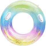 Ninonly 浮き輪 うきわ 浮輪 大人用 子供用 取って付き O型 フロート 水遊び用 キラキラ 夏休み スイミング 直径100cm（レインボー柄）