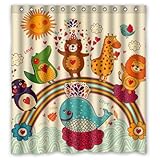 Funny Cuteホームバスルームシャワーカーテンfor Kids、かわいい漫画動物レインボー66 " x72 "防水ポリエステル生地のカーテン(シャワーリング付属