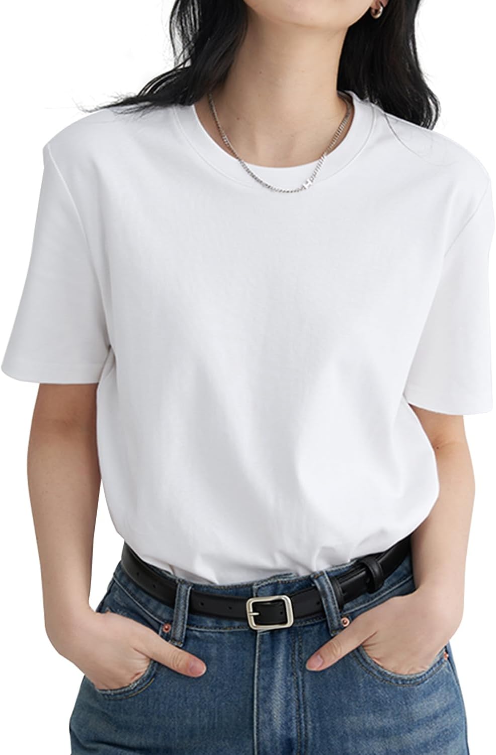 [Mmlnrc] Tシャツ レディース 半袖 [8.11オンス 綿100％ 厚手 透けない よれない] クルーネック 夏服 カットソー トップス 白 | 重ね着 丸襟 スポーツウェア ゆったり 体型カバー 無地 快適 白tシャツ 黒tシャツ 春 夏 秋