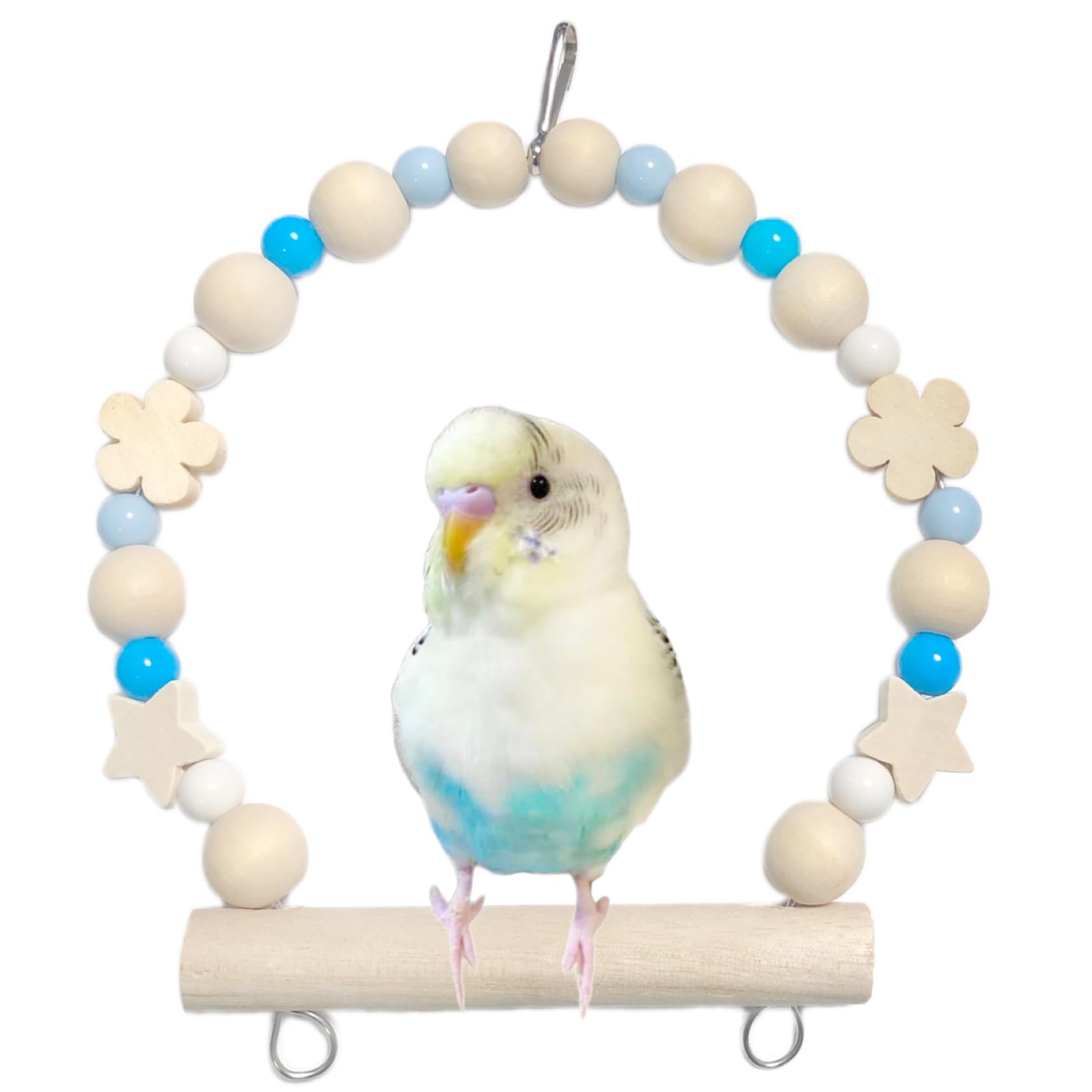日本製 安心安全素材 天然木 セキセイインコ 文鳥 小鳥 ブランコ スイング Sサイズ おもちゃ アスレチック ステンレス 小動物にも タイプNA (Sサイズ 約14×14(cm) 小鳥用, NA12：薄いブルー) - 1