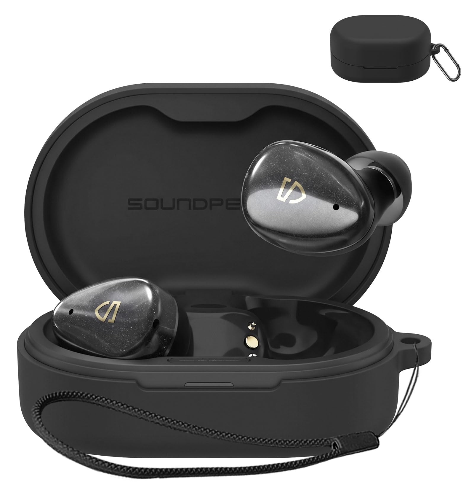 LAZIRO ケース SOUNDPEATS Aura Nebula 対応 保護ケース 柔らかなシリカゲルのスポーツクールなデザイン 装着充電可能 衝撃吸収 防水 防塵 軽量 紛失防止用のフックを搭載した スリムソフト ケースカバー 落下防止(ブラック