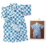 ベビー服 男の子 甚平 くろわっさんすべべ うちわと風車柄 生地日本製 綿100% タコ糸切替 上下組セット 男児 ベビー (ブルー/90cm)