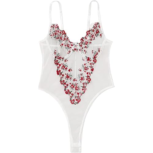 Lilosy Women Sexy Lace Up Floral Embroidered Teddy Lingerie Bodysuit Top Mesh Sheer One Piece