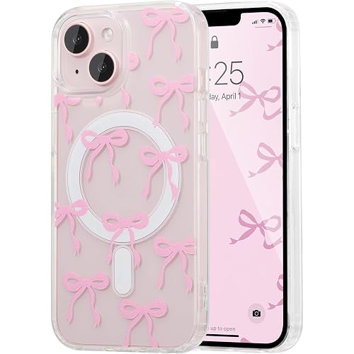 UEEBAI Magnetic for iPhone 14 Case & iPhone 13 Case, Bow Case Compatible with MagSafe, Wireless Slim Clear Ribbon Phone Case 