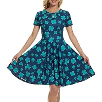 Ainuno St. Patrick's Day Shamrock Dress For Women - Green Irish Outfit Short Sleeve Clover Dress, Sizes Large-X-Large