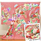 【お宮参り着物】【赤地系 御所車に花柄】女の子 友禅 刺繍【風呂敷プレゼント/ギフト対応】