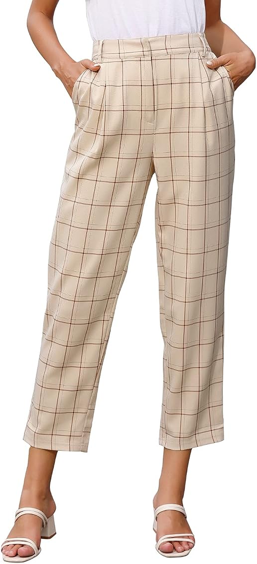 Pockets Elastic Waist Plaid Pants 