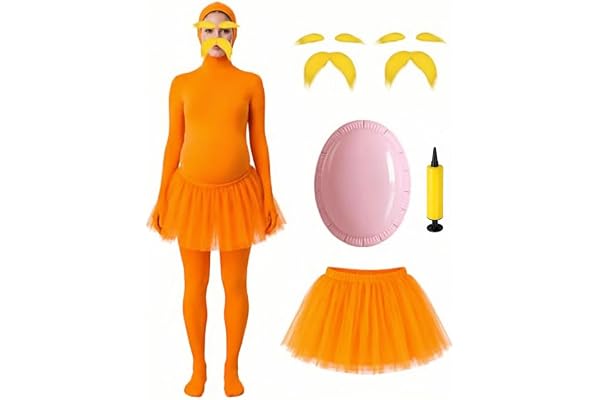Orange Jumpsuit Halloween Costume with Inflatable Belly Yellow Mustache Eyebrows & Tutu Skirt Cosplay Party Outfit