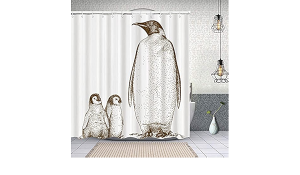 Amazon シャワーカーテン彫刻アンティークイラストキングペンギンと赤ちゃんペンギンの寄り添う自然 防水 目隠し 速乾 高級 ポリエステル生地 遮像 浴室 バスカーテン お風呂カーテン 間仕切りリング付のシャワーカーテン 150 X 180cm シャワーカーテン ホーム