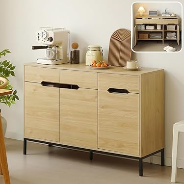 【新品】幅118cm 木製キャビネット 大容量収納 引出し&両開き扉付き キャビネット 開き戸 幅60cm ツートーン 積み重ね対応 （ サイド