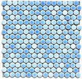 オーシャンズ マリン 丸 モザイクタイル(19mm 丸 タイル) 磁器質 シート(224粒販売です。(水色)ブライト(艶あり)のカラフルなミックス デザインです。内 外、床 壁、 (キッチン カウンタ