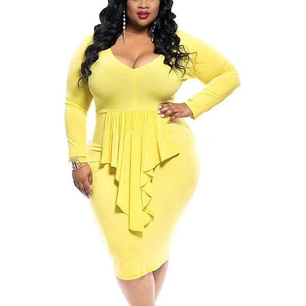 LALAGEN Women's Plus Size Long Sleeve Bodycon Dress | Peplum Tie Neck Pencil Midi Dress For Wedding, Party & Evening