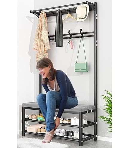 玄関収納 コートハンガー 棚付き 座布団つき 靴交換スツール89337