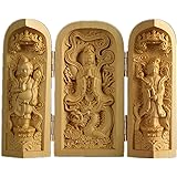 仏像 三開仏 観音像【観音菩薩】木彫り ミニ 仏壇 仏箱 仏龕 置物 （高さ10cm×巾13cm×奥行5.5cm）