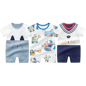 ベビー服 半袖ロンパース 赤ちゃん 肌着 夏 綿 3枚セット 可愛い 肌着パジャマ 綿100% 男の子 前開き 着替え便利 新生児服 北欧スタイル ベビー用ロンパース 子供服(ブルー, 66)