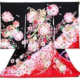【お宮参り着物】【黒地に裾赤系 / 毬にりぼんの柄】女の子 正絹 友禅 金駒刺繍 【風呂敷プレゼント / ギフト対応】