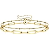 Lian 2Pcs Dainty Gold Bracelets for Women Girls Layered Gold Bracelets Paperclip Chain Link Bracelet Anklet 14K Gold Plated B