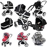 i-Safe System - Black Trio Travel System Pram & Luxury Stroller 3 in 1 Complete With Car Seat + Rain