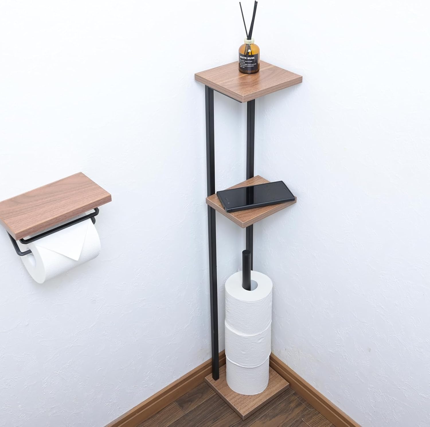 山善(YAMAZEN) ラック トイレットペーパー スタンド トイレ 収納 スリム 棚付き (スマホ置き/インテリア) トイレットペーパーホルダー 隙間収納 ストッカー 幅15×奥行15×高さ90.5cm 組立品 ダークブラウン/マットブラック RTPS-1515H(DBR3/MBK)