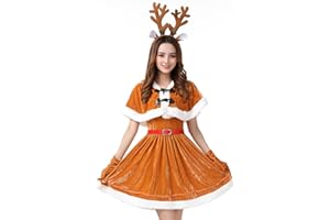 [DECEED] サンタ コスプレ トナカイ ワンピース クリスマス コスチューム サンタコス カチューシャ＋ケープ＋ワンピース＋手袋＋ベルト+透明ストラップ×2 6点セット レディース 女性用 フリーサイズ 3色選択可能