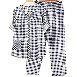 【Ani Mam Kids】ガーゼ 素材 で 爽やか 着心地 マタニティ パジャマ チェック 柄 授乳服 オールシーズン (L, ネイビー)