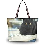 [ユサキ] レディース ハンドバッグ 大容量 軽量 トートバッグ,猫の日 かわいい 面白い 黒猫 ブラックキャット ネコ 猫,軽量 通勤 通学 ファスナー付き ママ かばん 手提げバッグ ビジネスバッグ A4 入学式 卒業式 誕生日 プレゼント