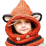 【Ani Mam Kids】キッズ 子供用 ニット 帽子 赤ちゃん ベビー アニマル 耳付き 防寒 マフラー アウター スヌード ネックウォーマー (きつね（オレンジ）)