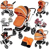 i-Safe System + iSOFIX Base - Orange Trio Travel System Pram & Luxury Stroller 3 in 1 Complete With 
