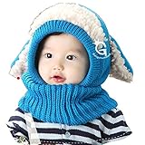 選べる5色 うさぎちゃん風 ニット帽 かわいい ネックウォーマー ニット 帽子 耳付き ベビー キッズ 子供用 防寒　出産祝いや、お誕生日 プレゼント 贈り物 (ブルー)