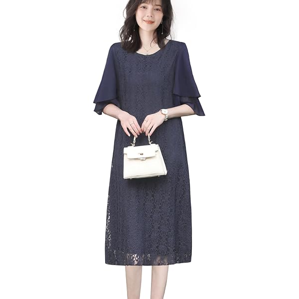 Amazon.co.jp: [Hanmall] ネイビー レース ワンピース 半袖 レディース
