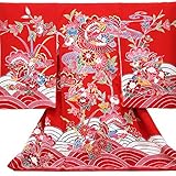 【お宮参り着物】【赤地系 鴛鴦に花と流水柄（紅型柄）】女の子 正絹 友禅【風呂敷プレゼント/ギフト対応】