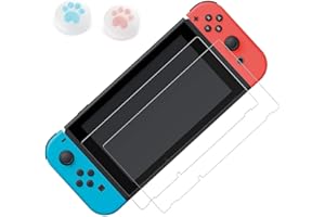 Switch用 ガラスフィルム 強化 ガラス 保護 フィルム ブルーライトカット 目の疲れ軽減 日本旭硝子素材 高透過率 強靭9H 撥水撥油 指紋防止 飛散防止 気泡ゼロ 貼り付け簡単 親指グリップキャップ*2個付き（2枚入り）