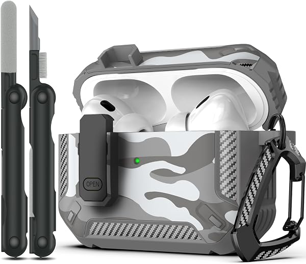 RFUNGUANGO AirPods Pro 2nd Generation Case Cover with Cleaner Kit, Military Hard Shell Protective Armor with Lock for AirPod Gen 2 Charging Case 2023, 2022, Front LED Visible, Grey Camo - 1