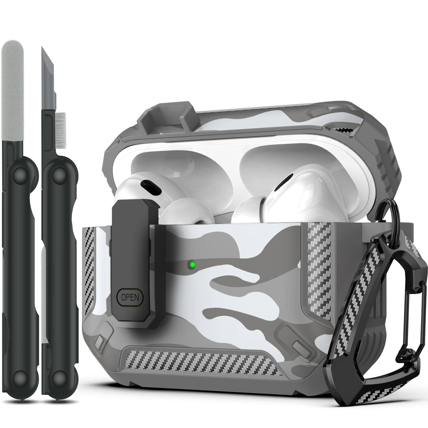 RFUNGUANGO AirPods Pro 2nd Generation Case Cover with Cleaner Kit, Military Hard Shell Protective Armor with Lock for AirPod Gen 2 Charging Case 2023, 2022, Front LED Visible, Grey Camo - 1
