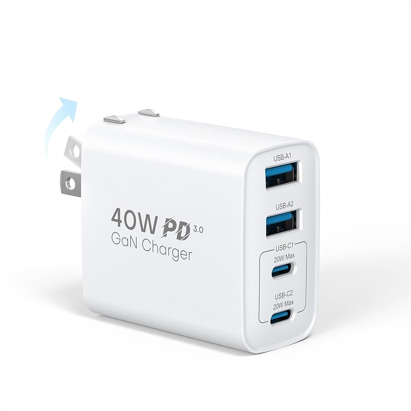 TOPADRE 合計40W 急速充電器 タイプc 充電器【折畳み式/GaNIII技術/超低温/PSE技術基準適合】 4 IN 1 USB コンセント四台同時充 電 スマホ 充 電器 iPhone iPad Androidその他各種機器対応 白色