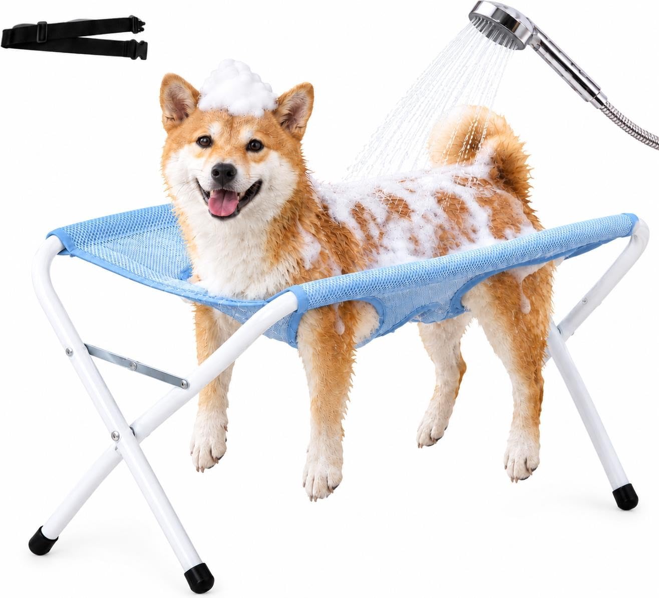 ペット用グルーミングテーブル 沐浴台 折りたたみ スタンド付き ペットケア 小中型犬猫向け | 穴あきメッシュ仕様で水が溜まりにくい 調整ベルト付き 折り畳み可能 シャンプー ブロー 爪切りなど多用途に使えます(ブルー)
